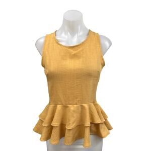 MoiRai Women's Yellow Sleeveless Layered Ruffle Casual Peplum Blouse Top Size S